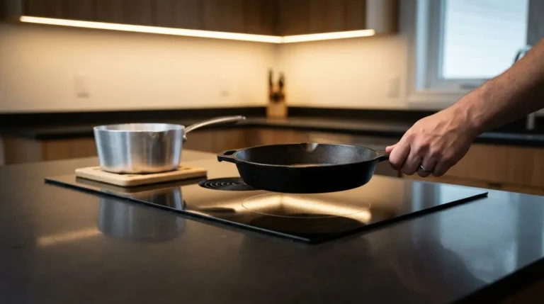 Une personne tenant dans sa main une poêle qu'elle s'apprête à poser sur une plaque à induction