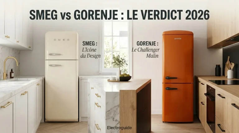 Image divisée en deux avec à gauche le frigo retro SMEG FAB28 et à droite le frigo retro Gorenje.