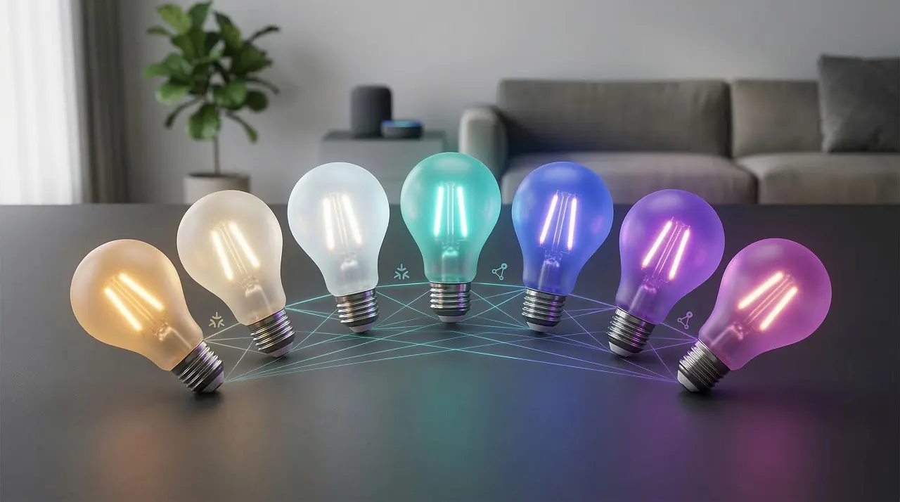 7 ampoules LED connectées de différentes couleurs alignées en arc de cercle sur une table noire