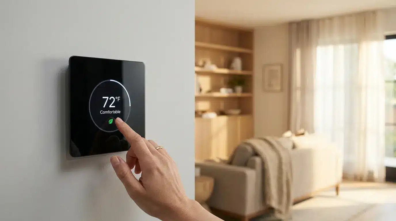 Une main réglant un thermostat connecté fixé au mur dans un salon moderne aux tons chauds