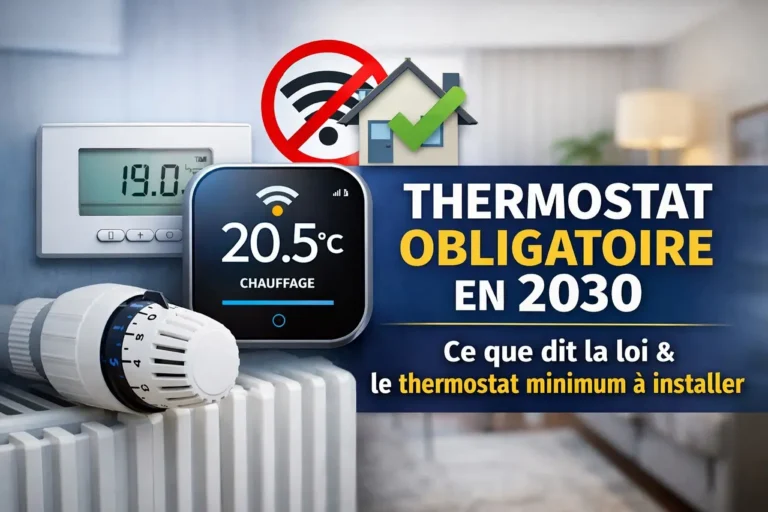 Un radiateur et un thermostat connecté illustrant le décret qui rend obligatoire un thermostat programmable en 2030