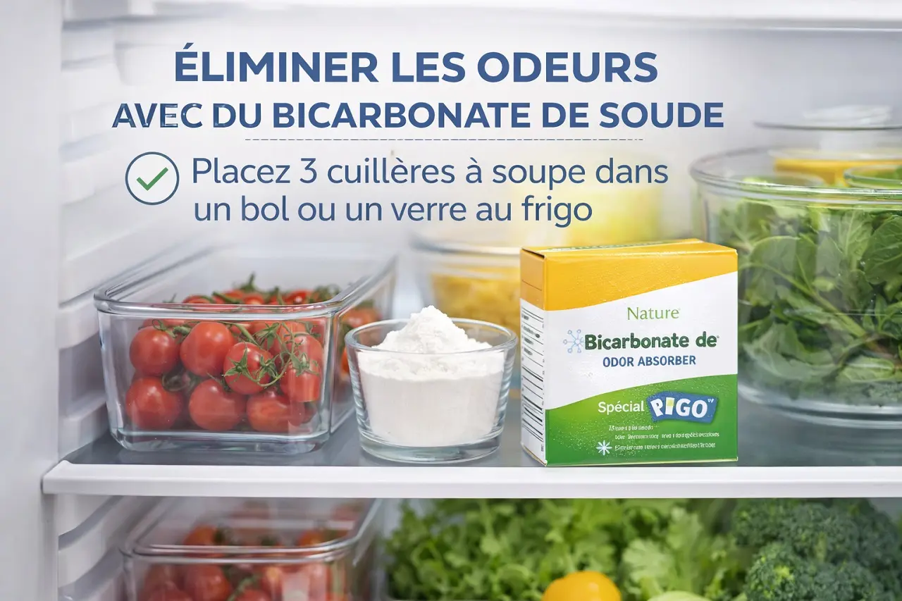 Un bol rempli de bicarbonate de soude est posé sur l'étagère d'un frigo pour éliminer les mauvaises odeurs