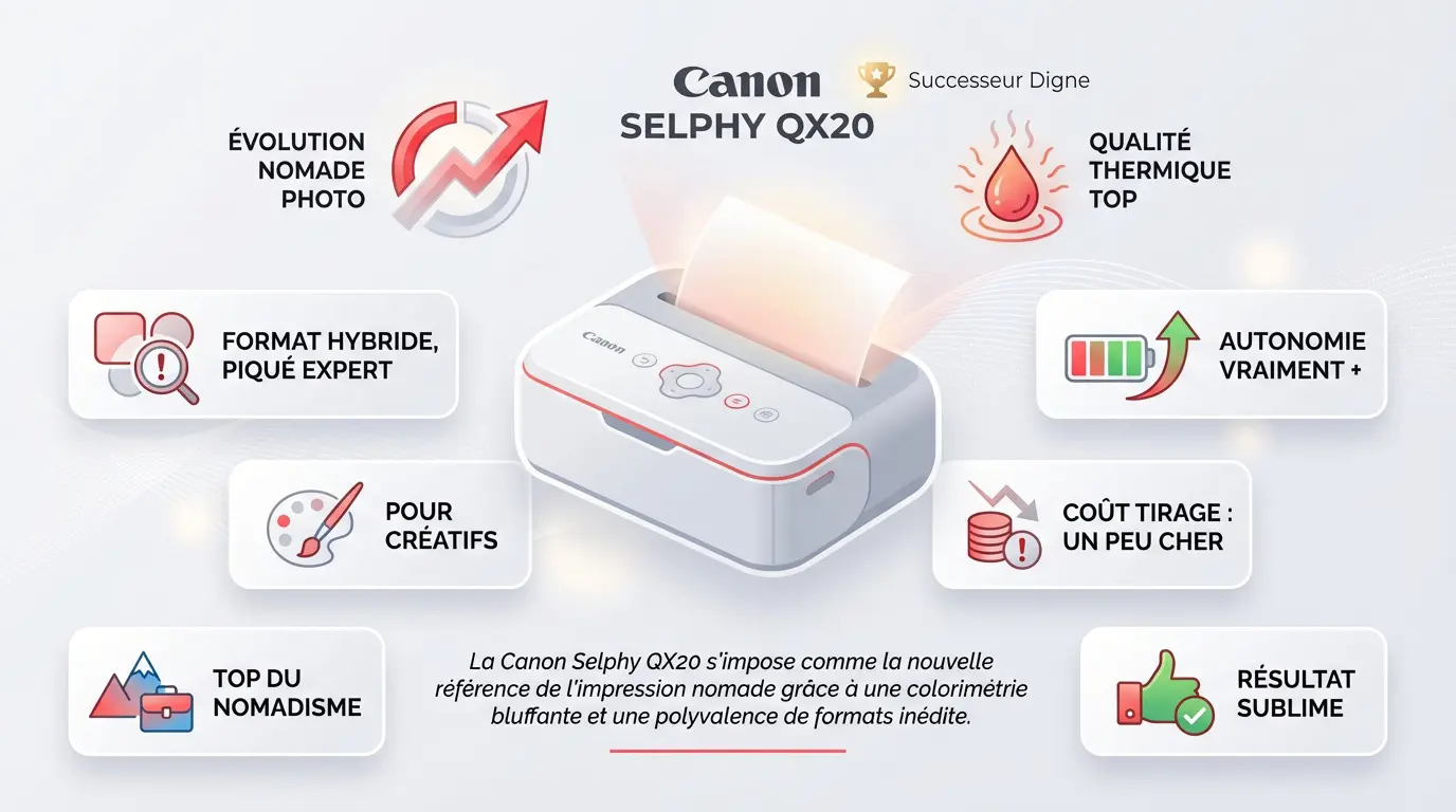 Infographie détaillant les caractéristiques de l'imprimante nomade Canon Selphy QX20