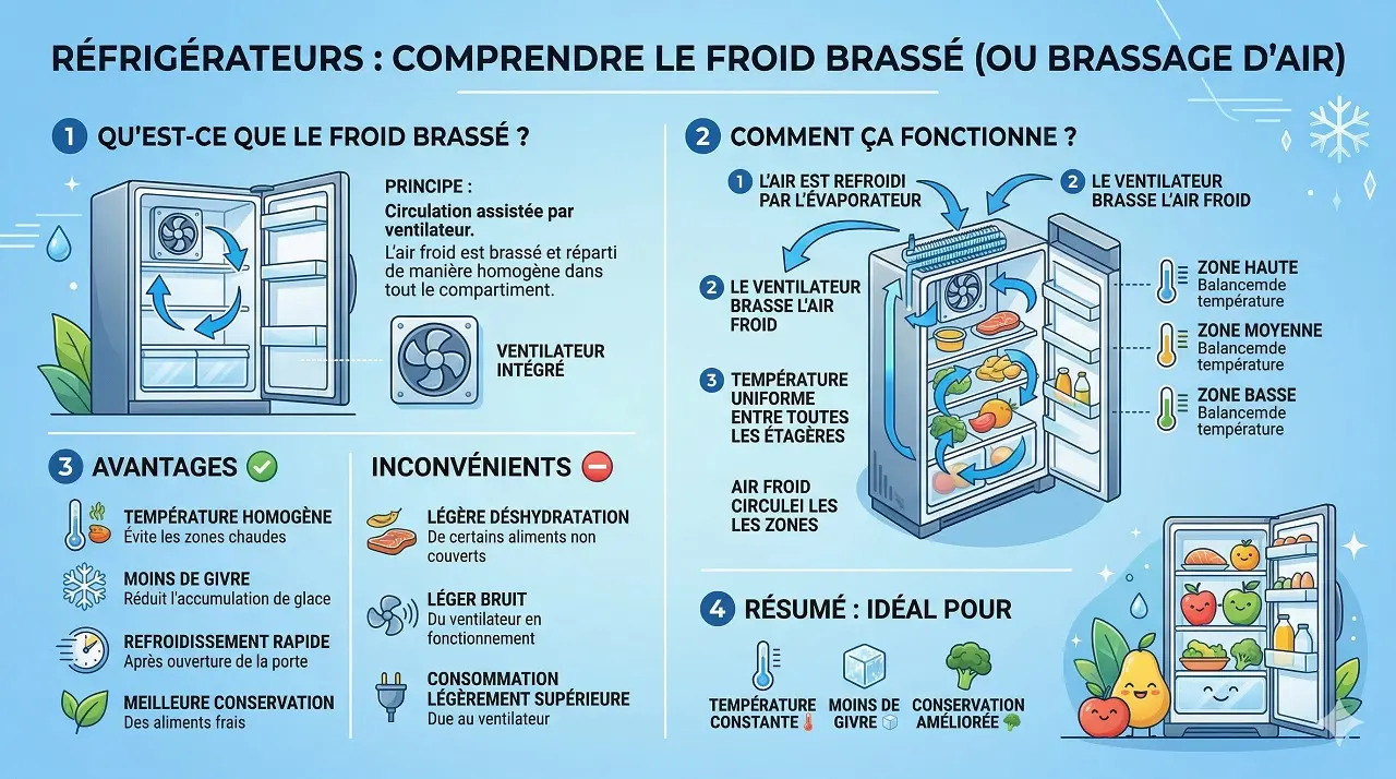 Infographie illustrant le fonctionnement, les avantages et les inconvénients du froid brassé