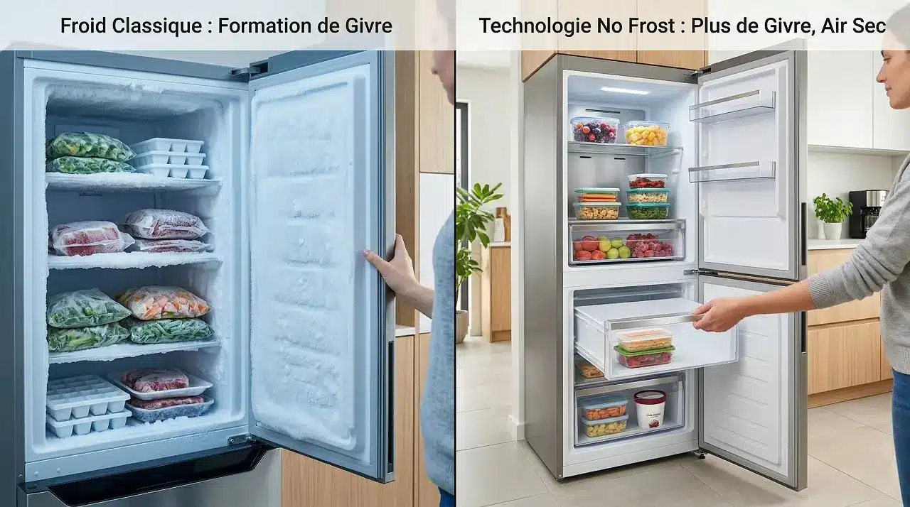 Une image splittée avec sur la partie gauche un réfrigérateur froid classique avec du givre à l'intérieur et sur la partie droite un réfrigérateur froid No Frost sans givre à l'intérieur
