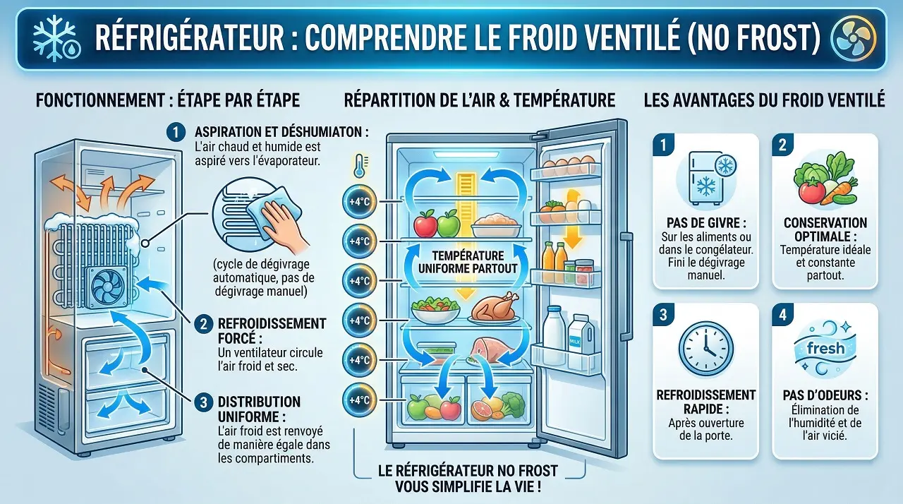 Infographie illustrant le fonctionnement, les avantages et les inconvénients du froid ventilé (No Frost)