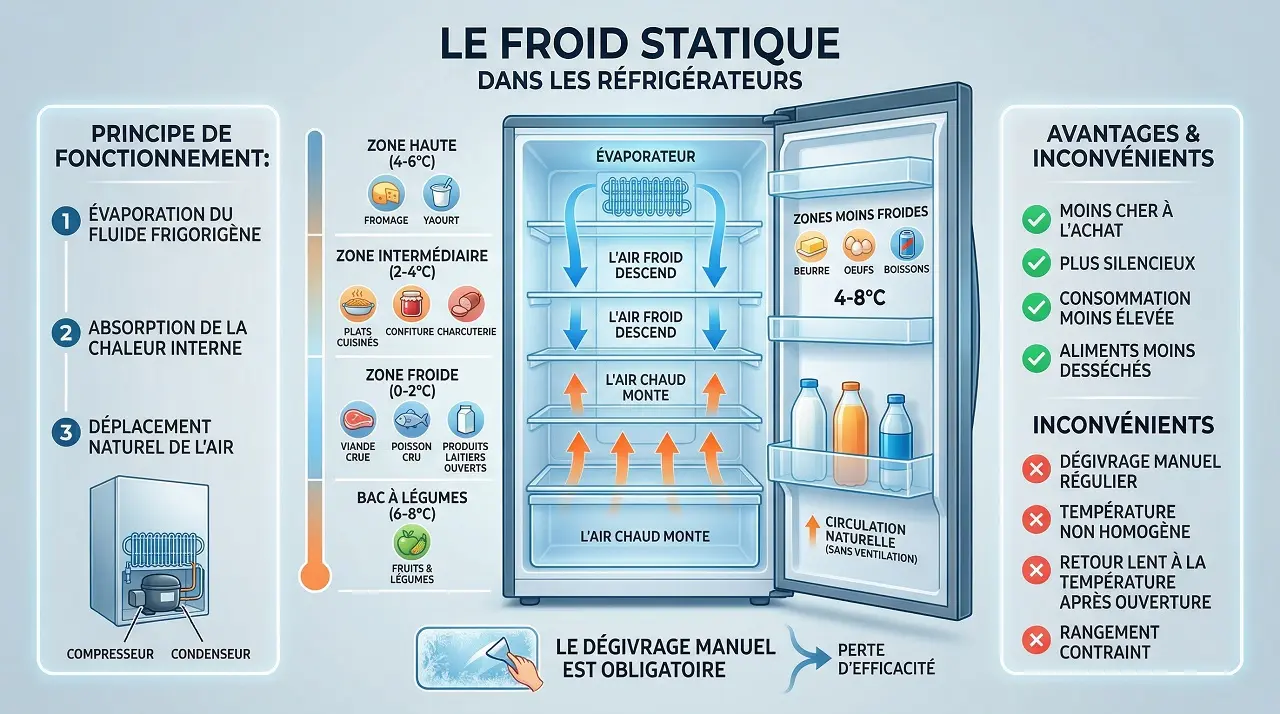 Infographie illustrant le fonctionnement, les avantages et les inconvénients du froid statique