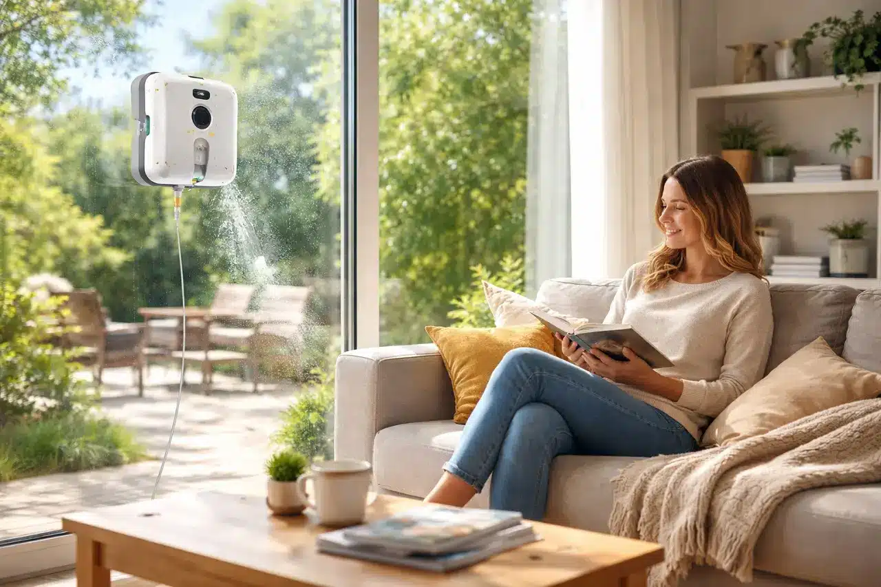 Une jeune femme dans son salon ensoleillé est assise dans son canapé un livre dans les mains pendant que son robot laveur de vitre se charge du nettoyage de la baie vitrée
