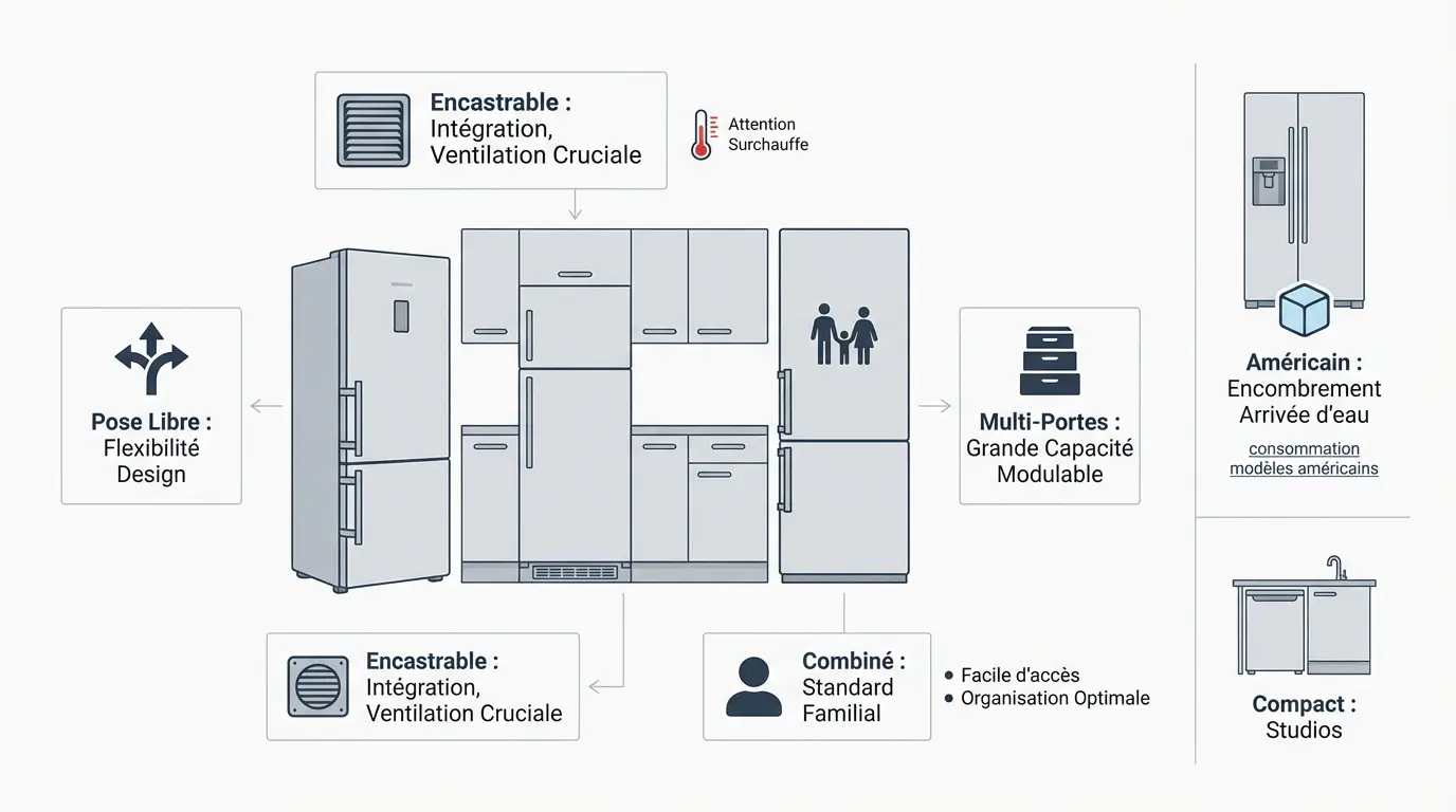 Infographie illustrant les différents types de réfrigérateur en fonction de la taille du foyer.