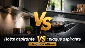 Une image splittée en deux montrant d'un côté une hotte aspirante et de l'autre côté une plaque aspirante pour illustrée un comparatif entre les 2 technologies d'aspiration.