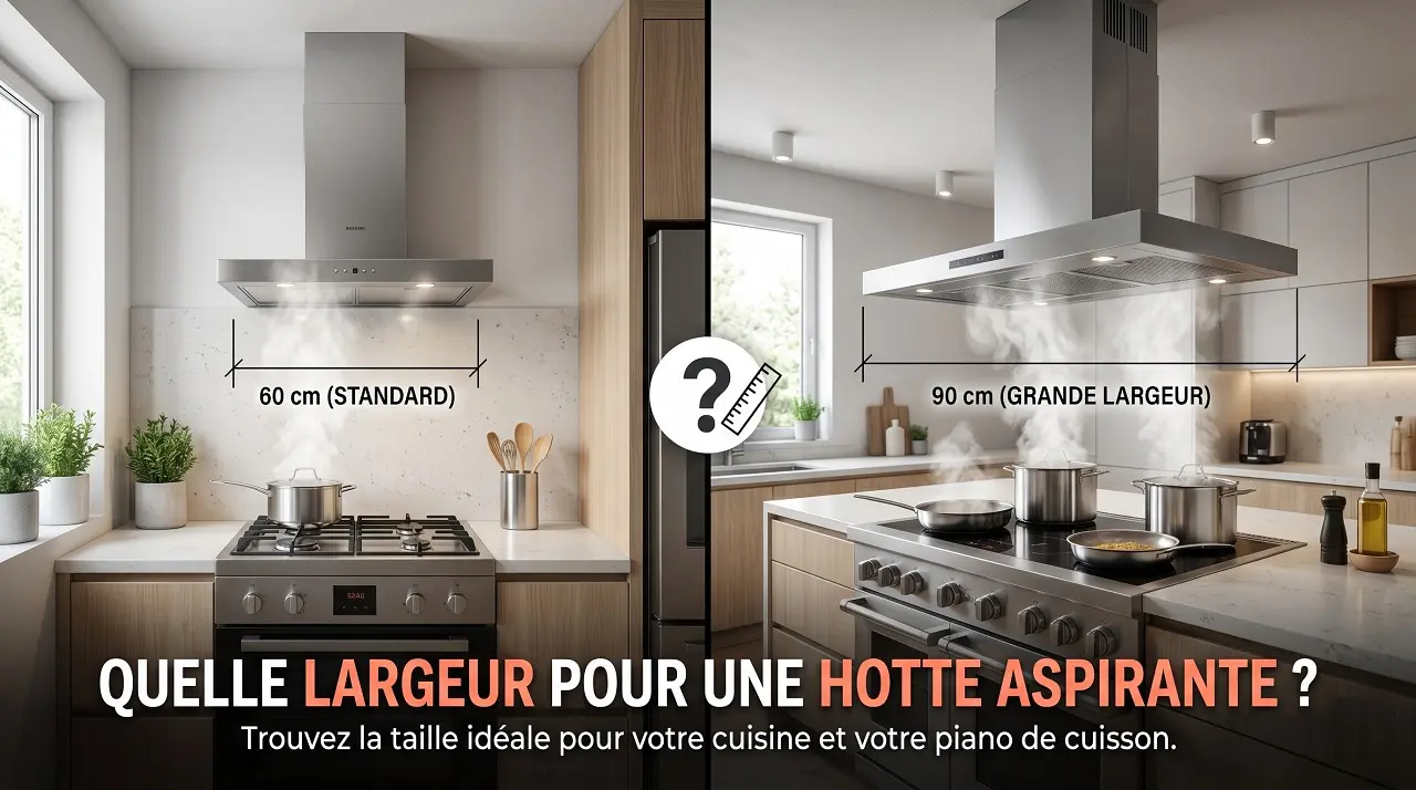 Une image splittée en deux avec d'un coté une hotte de 60cm et de l'autre une hotte grande largeur de 90cm pour illustrer un article "Quelle largeur pour une hotte aspirante ?"