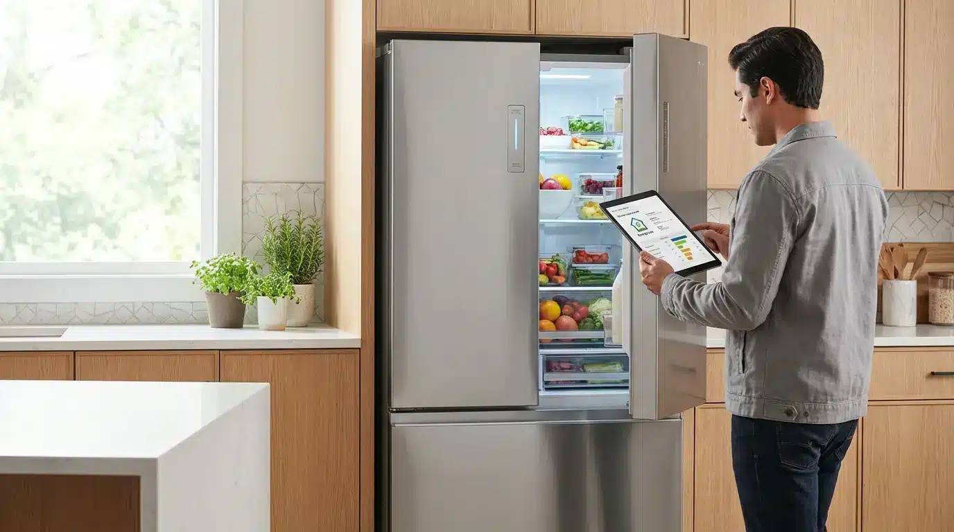 Un homme devant sans réfrigérateur américain ouvert tient dans sa main une tablette où s'affiche la consommation électrique du frigo.