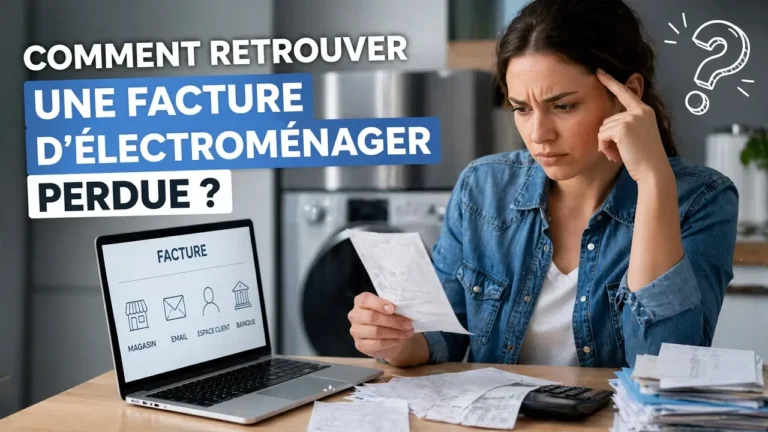 Une femme devant son ordinateur s'interroge sur comme retrouver une facture électroménager perdue.