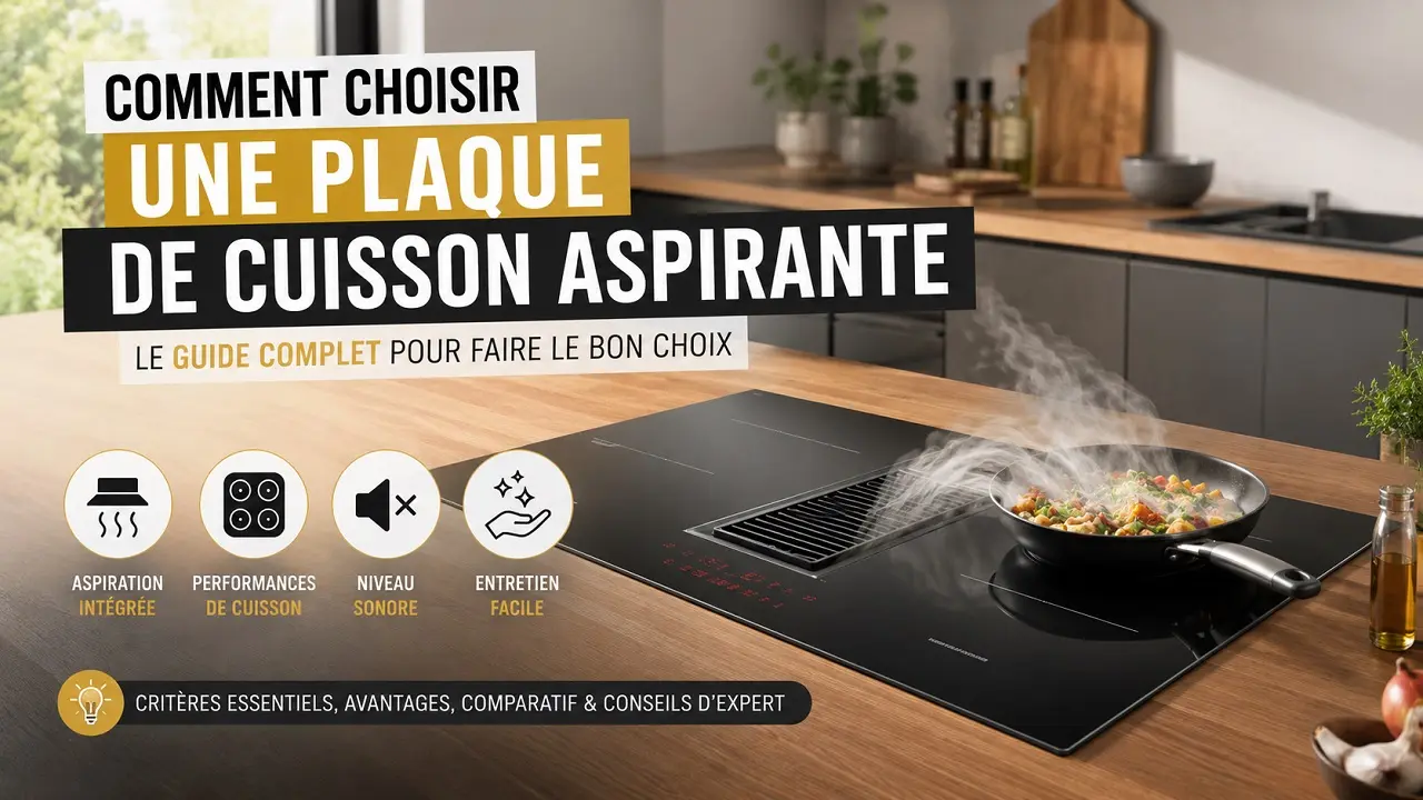 Infographie montrant une plaque aspirante dans une cuisine moderne. Le texte explique les grandes lignes du contenu du guide d'achat.