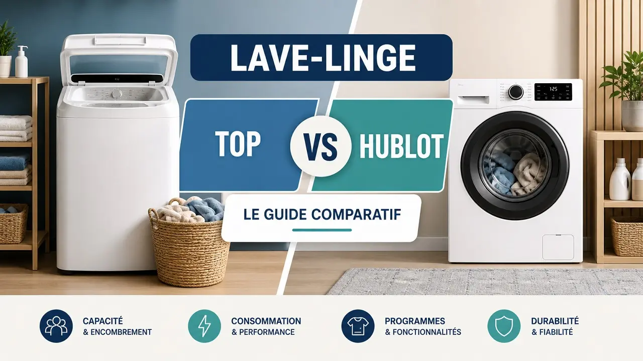 Image splittée montrant les différences entre un lave-linge top et un lave-linge hublot