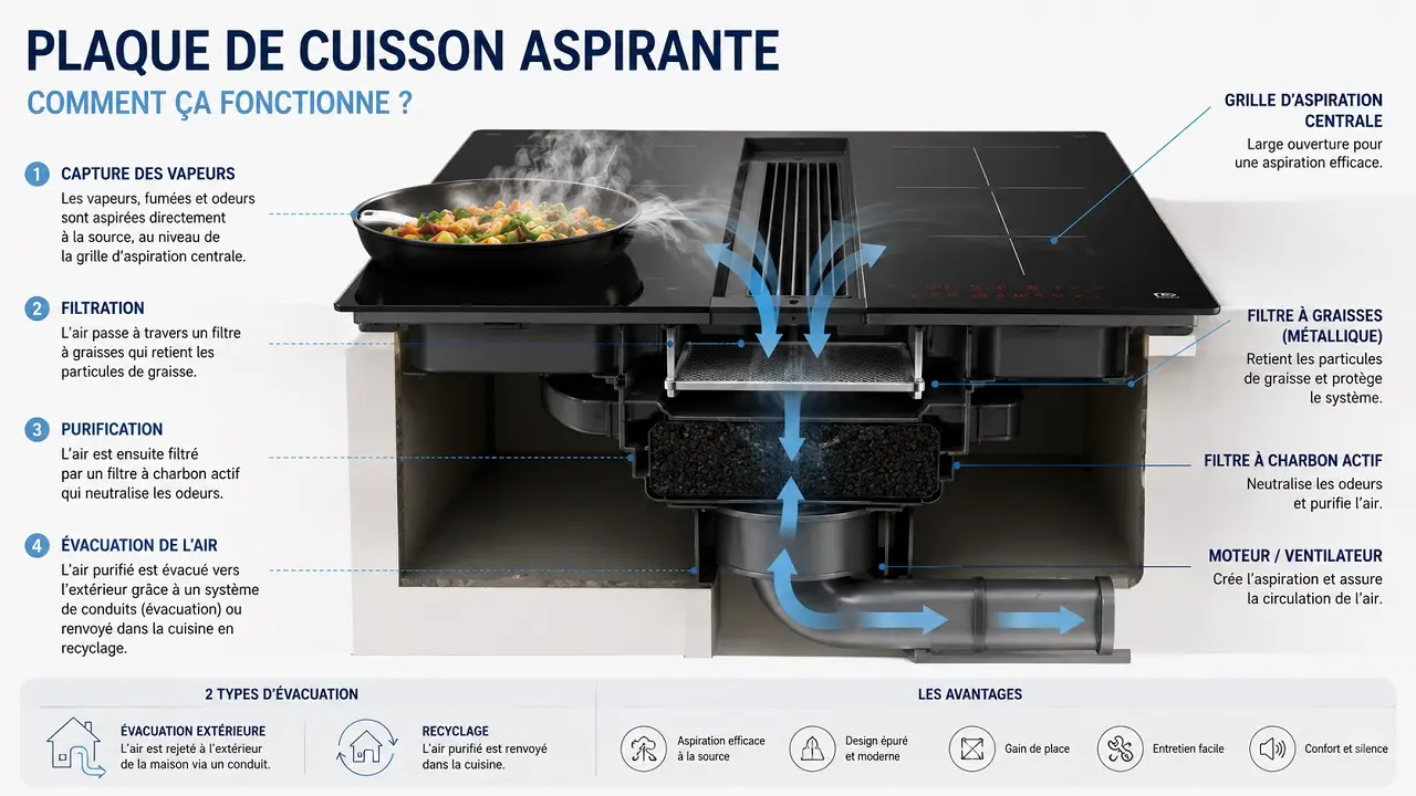 Schéma illustrant le fonctionnement d'une plaque de cuisson aspirante