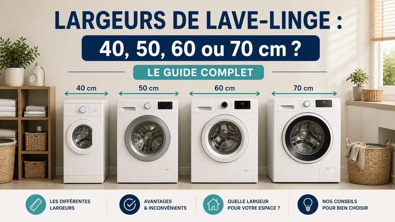 A lave-linges de largeurs différentes sont alignés pour illustrer les avantages et les inconvénients de chaque largeur.