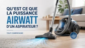 Un aspirateur traineau dans un salon en train d'aspirer. Un texte sur l'image "Qu'est ce que la puissance Airwatt d'un aspirateur ?"