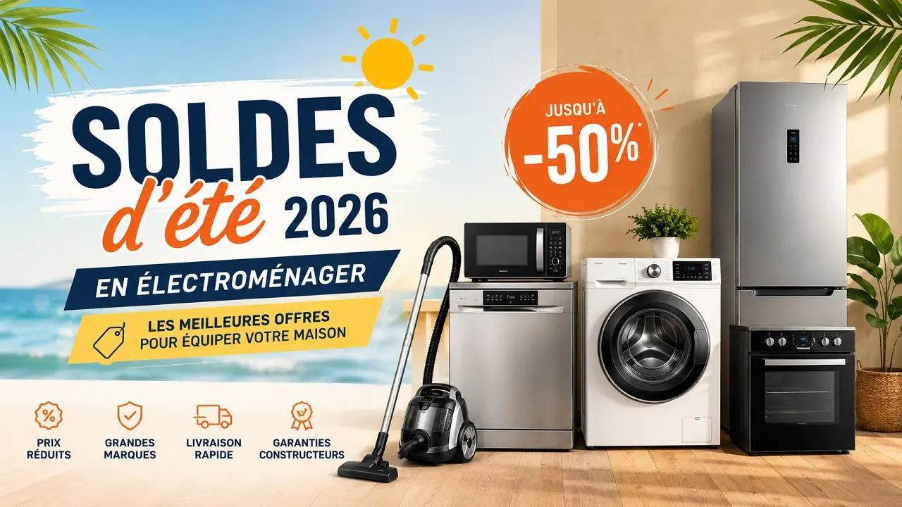 Image présentant plusieurs produits électroménager avec le texte "Soldes d'été 2026"