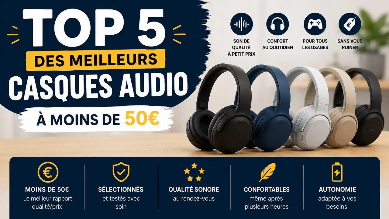 5 casques audio supra-auriculaires alignés pour illustrer un TOP 5 des meilleurs casques audio à moins de 50€.