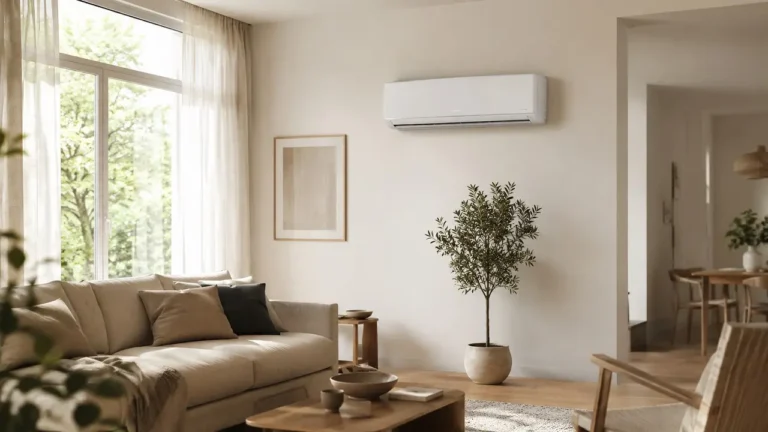Un climatiseur réversible fixé au mur dans un salon moderne et lumineux.