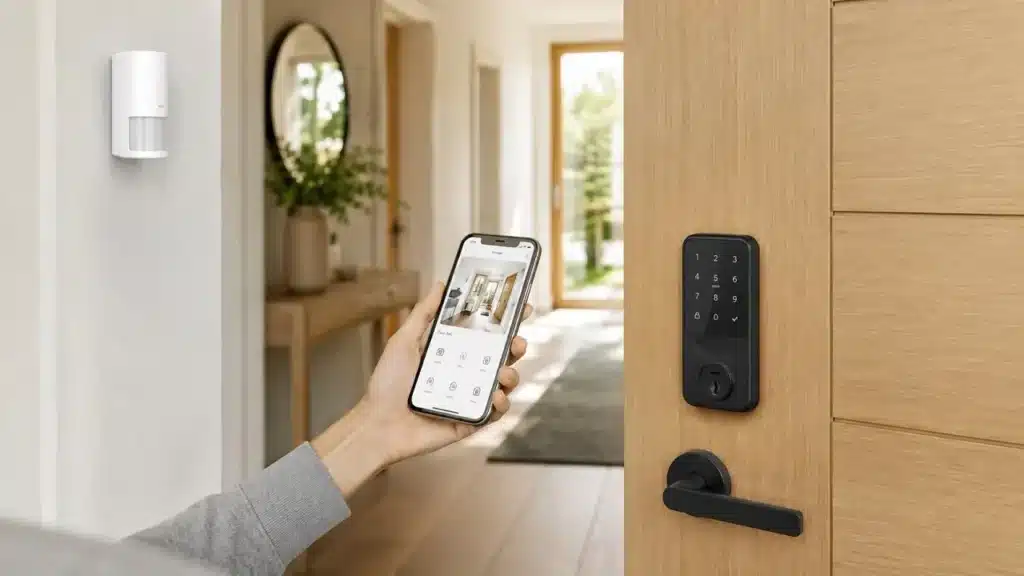 Une personne utilise son smartphone pour ouvrir la porte de son logement équipée d'une serrure connectée.