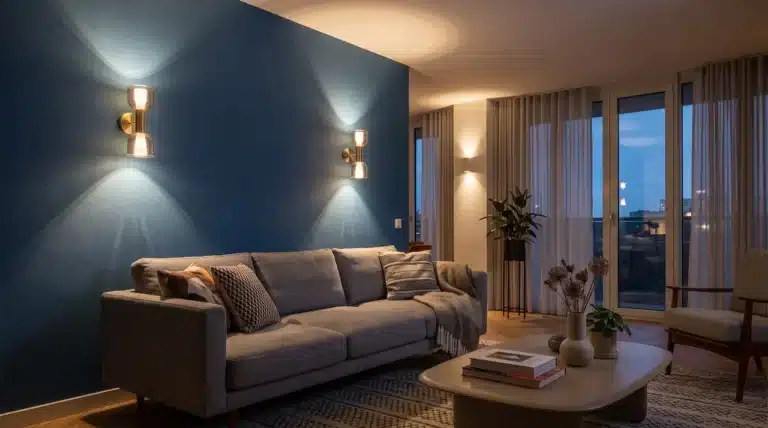 Appliques murales diffusant une lumière chaleureuse dans un salon moderne au mur bleu