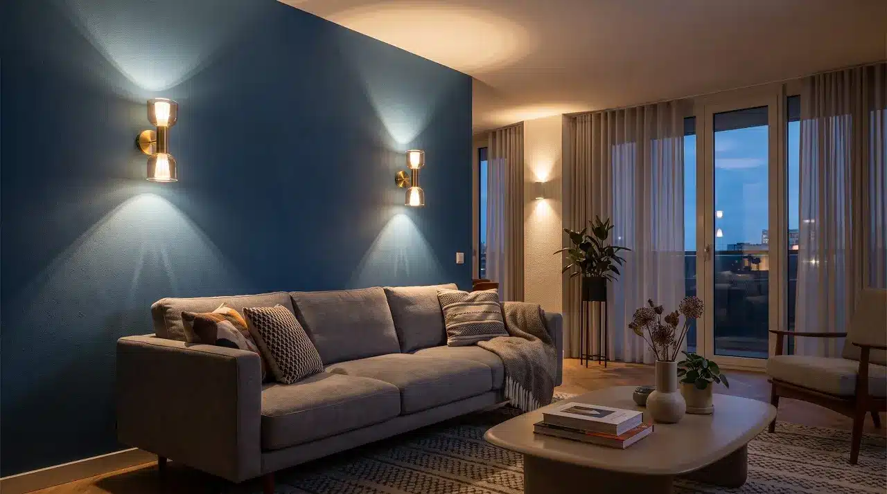 Appliques murales diffusant une lumière chaleureuse dans un salon moderne au mur bleu