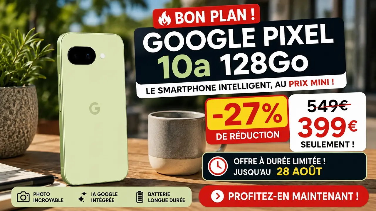Bon plan Google Pixel 10a 128 Go à 399 € au lieu de 549 €, soit 27 % de réduction, avec offre limitée jusqu’au 28 août.