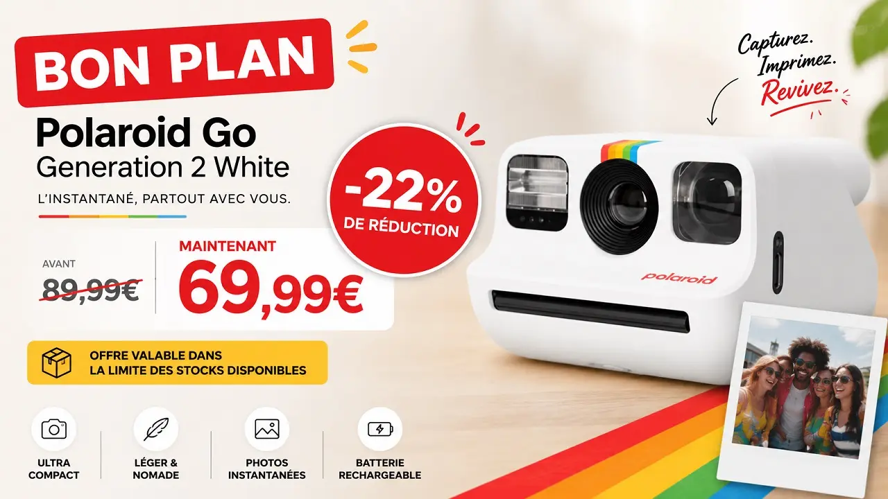 Bon plan sur l’appareil photo instantané Polaroid Go Generation 2 White, proposé à 69,99 € au lieu de 89,99 €, soit 22 % de réduction, dans la limite des stocks disponibles.