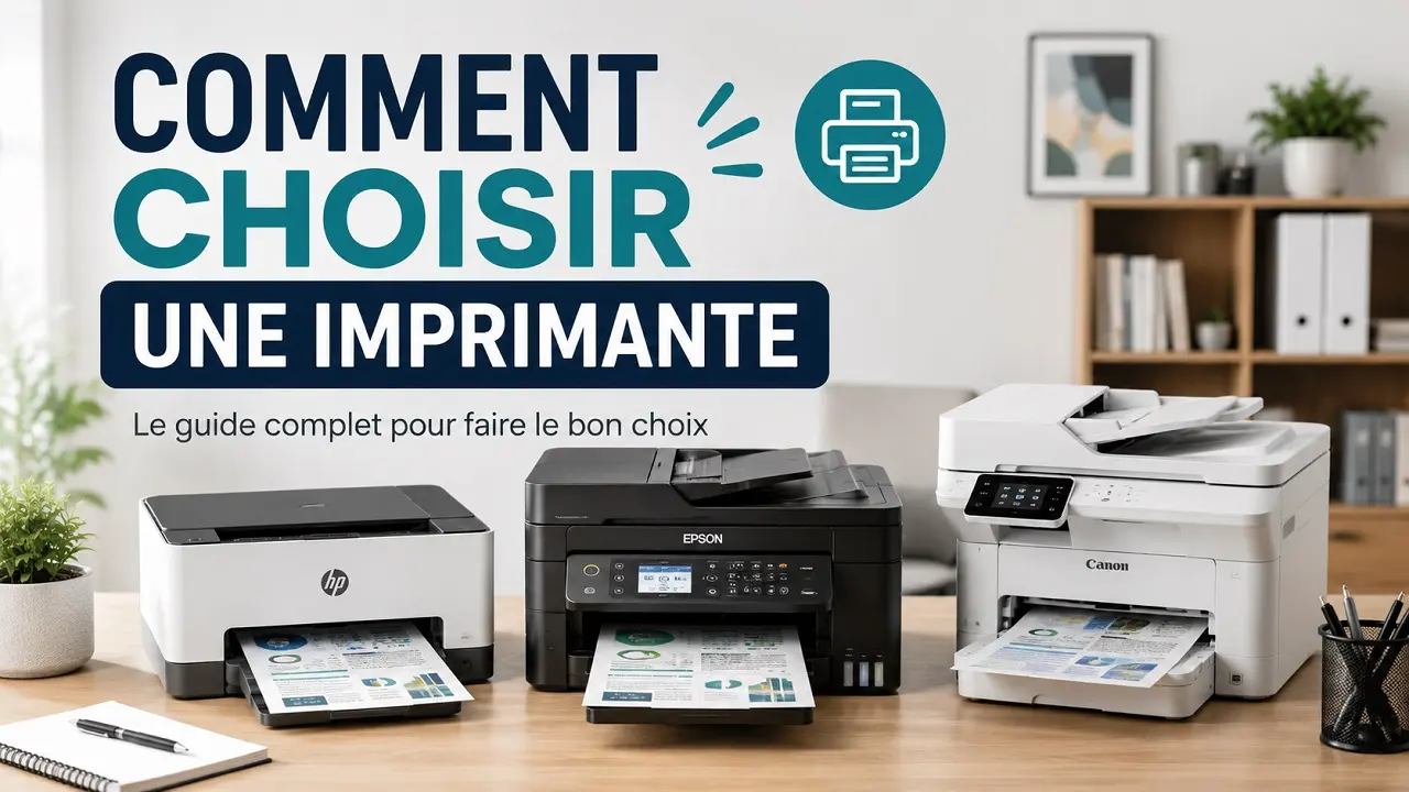 Guide pour choisir une imprimante : trois imprimantes multifonctions présentées sur un bureau avec le titre “Comment choisir une imprimante”