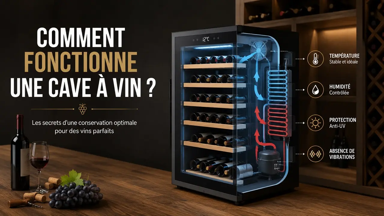 Illustration expliquant le fonctionnement d’une cave à vin avec un système de refroidissement, circulation de l’air, température stable, humidité contrôlée, protection contre les UV et réduction des vibrations pour une conservation optimale des bouteilles de vin.