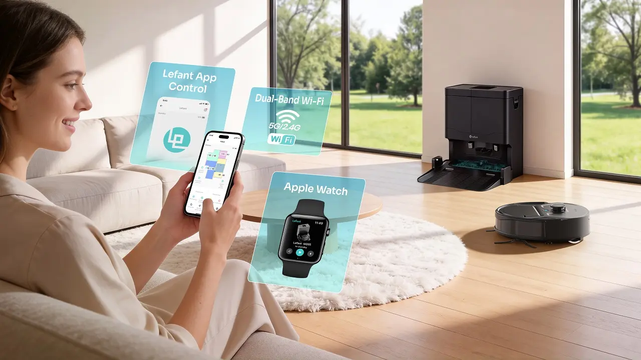 Une femme dans son salon assise dans son canapé contrôle à distance l'aspirateur robot laveur Lefant M210 Pro Omni