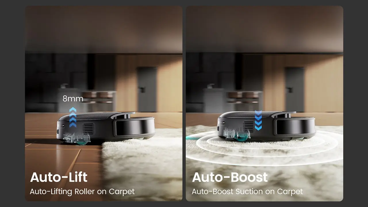 Le robot aspirateur laveur Lefant M5 adaptant sa puissance dès qu'il détecte un tapis.