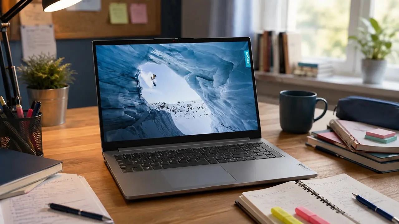 Le PC portable Lenovo Ideapad 1 posé sur un bureau d'étudiant.