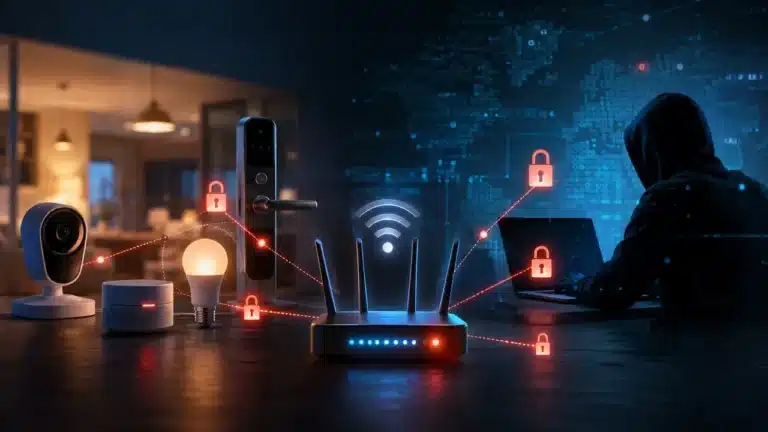 Dans une pièce sombre faiblement éclairée sont étalés plusieurs appareils IoT avec un hacker sur son PC essayant d'en briser la sécurité