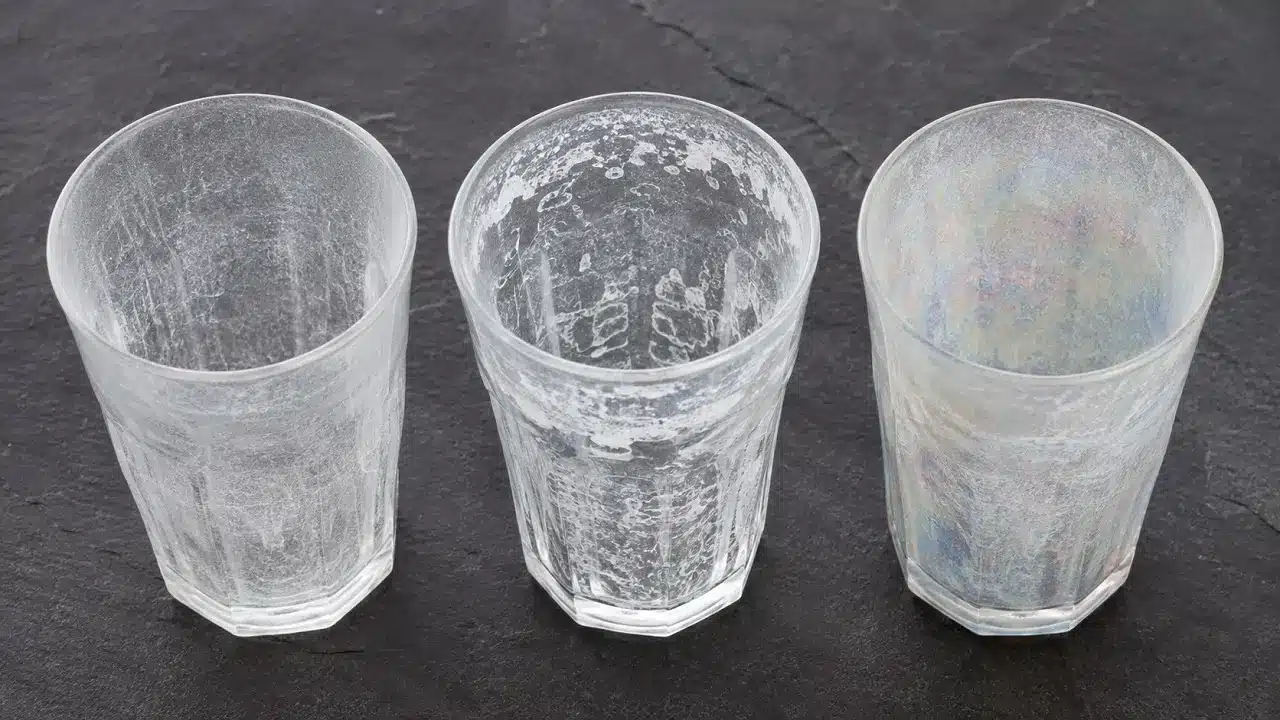 Traces blanches lave-vaisselle : dépôt de sel, calcaire et lixiviation du verre comparés sur 3 verres