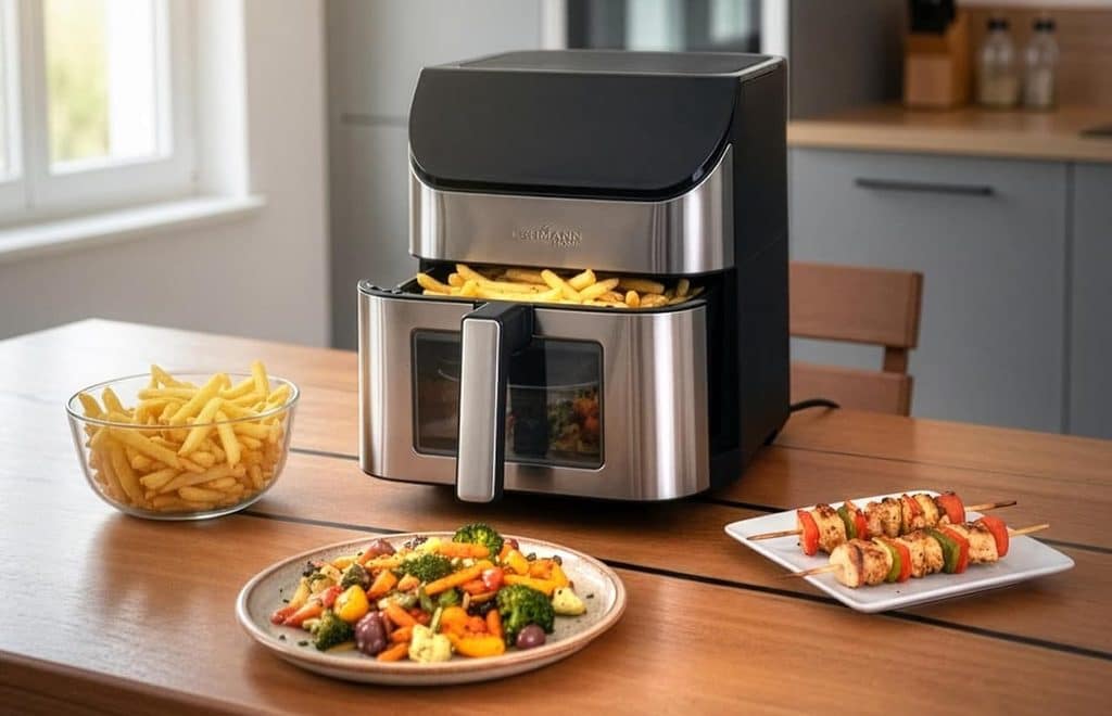 Une friteuse à air de la marque Lehmann posée sur une table de cuisine, avec des assiettes et de la nourriture autour.