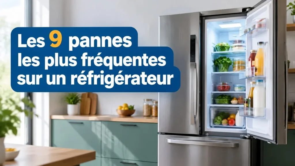Réfrigérateur américain ouvert dans une cuisine moderne, illustrant les 9 pannes les plus fréquentes d’un réfrigérateur.