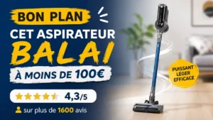 Aspirateur balai sans fil Valberg Cyclonic S9 à moins de 100 € avec une note de 4,3/5 basée sur plus de 1600 avis, présenté dans un intérieur moderne.