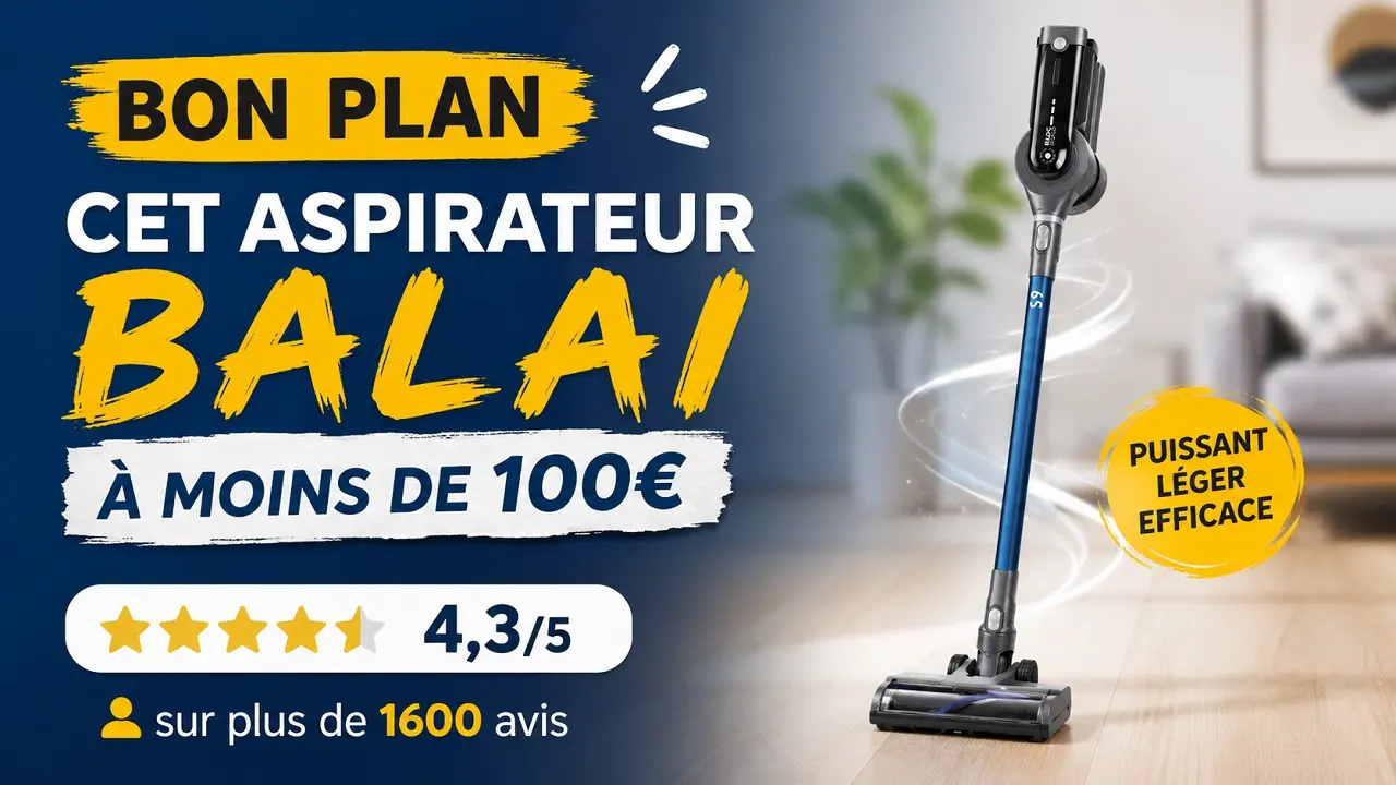 Aspirateur balai sans fil Valberg Cyclonic S9 à moins de 100 € avec une note de 4,3/5 basée sur plus de 1600 avis, présenté dans un intérieur moderne.