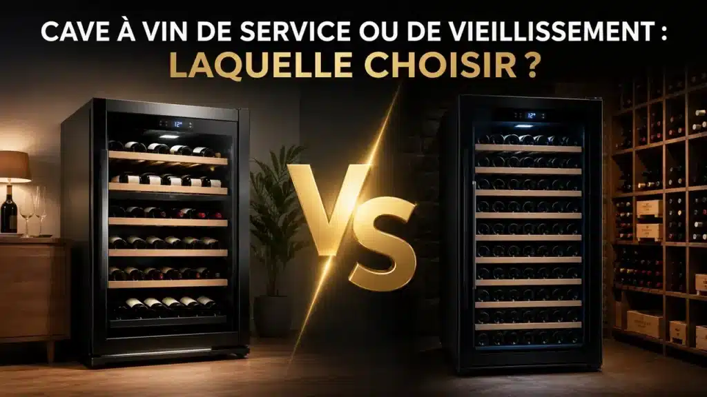 Cave à vin de service ou de vieillissement : comparatif visuel de deux caves à vin avec bouteilles, pour choisir le modèle adapté à ses besoins.