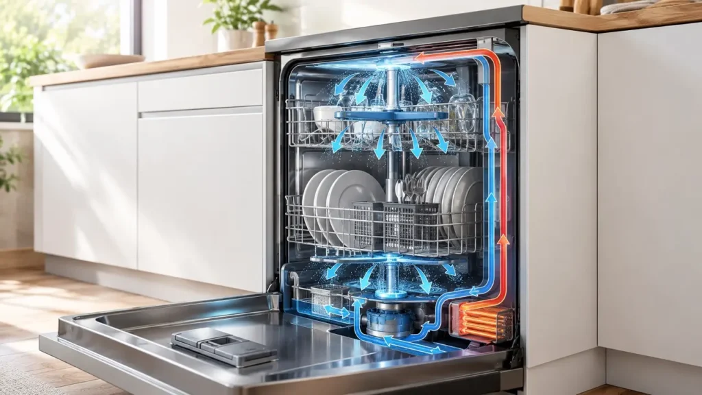 Fonctionnement d’un lave-vaisselle avec circuit de l’eau, bras de lavage et système de chauffage