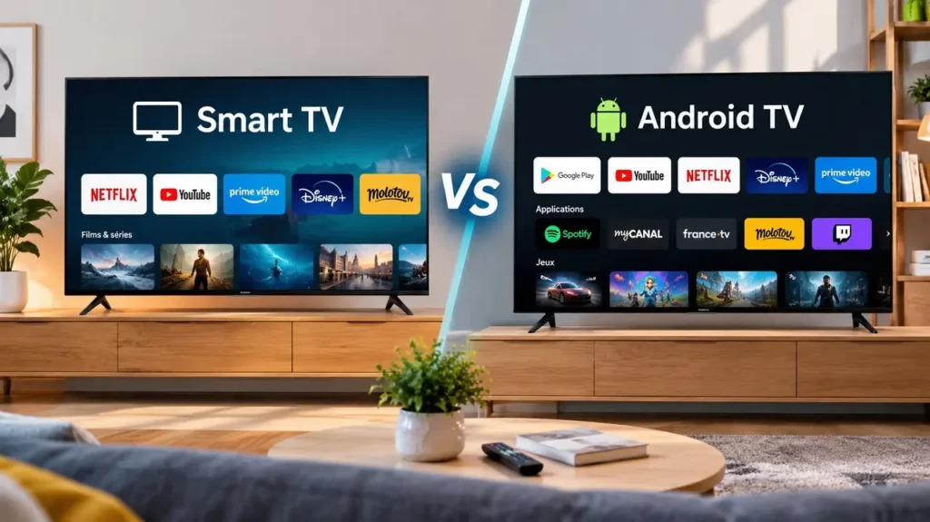 Comparatif Smart TV et Android TV : différences entre les interfaces, les applications de streaming et les fonctionnalités d’une télévision connectée.