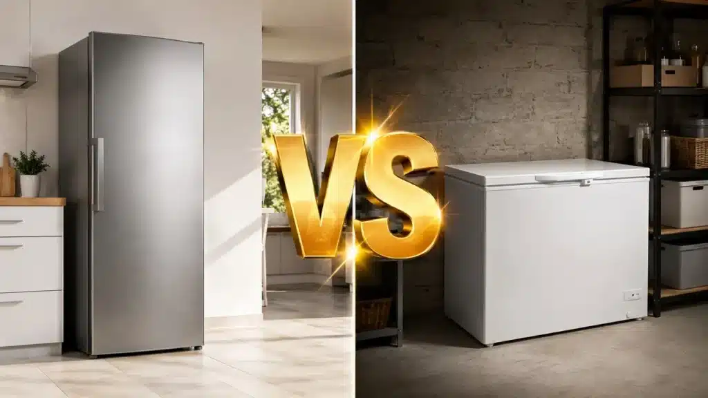 Comparatif congélateur armoire ou congélateur coffre, avec un congélateur inox dans une cuisine moderne face à un congélateur coffre blanc dans un garage