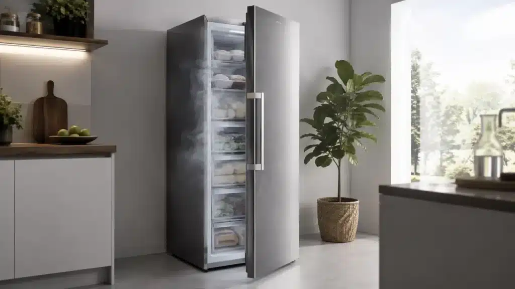 Congélateur armoire moderne en inox, porte entrouverte laissant échapper une brume froide dans une cuisine contemporaine lumineuse.