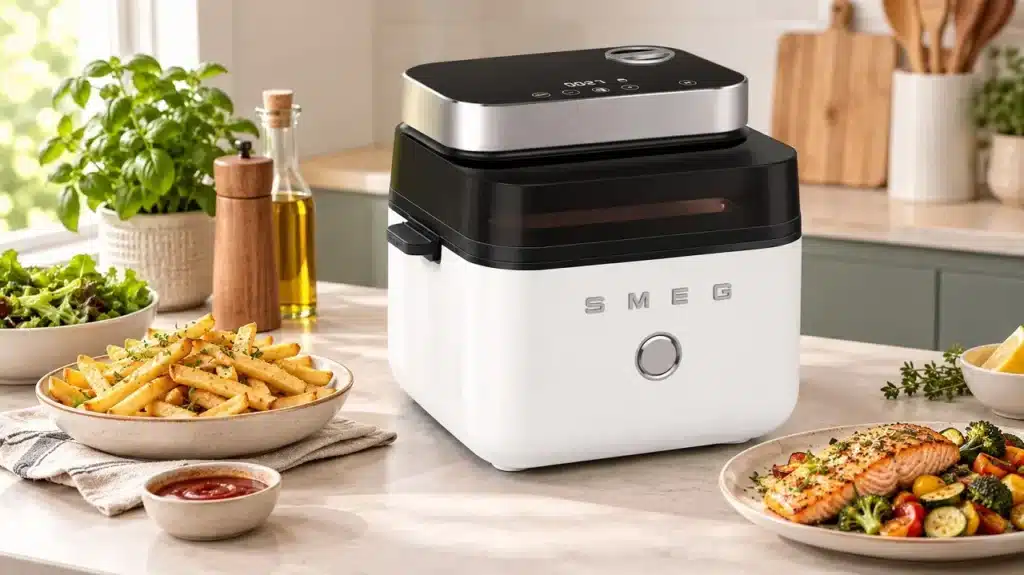 Airfryer SMEG AFC01 blanc et noir dans une cuisine moderne, accompagné de frites dorées et de saumon grillé aux légumes.