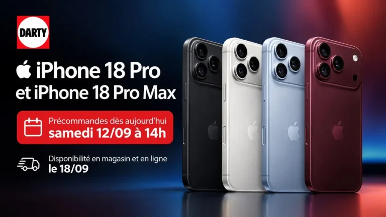 Image promotionnelle des iPhone 18 Pro et iPhone 18 Pro Max en plusieurs coloris, annonçant les précommandes chez Darty le 12 septembre à 14h et leur disponibilité le 18 septembre.