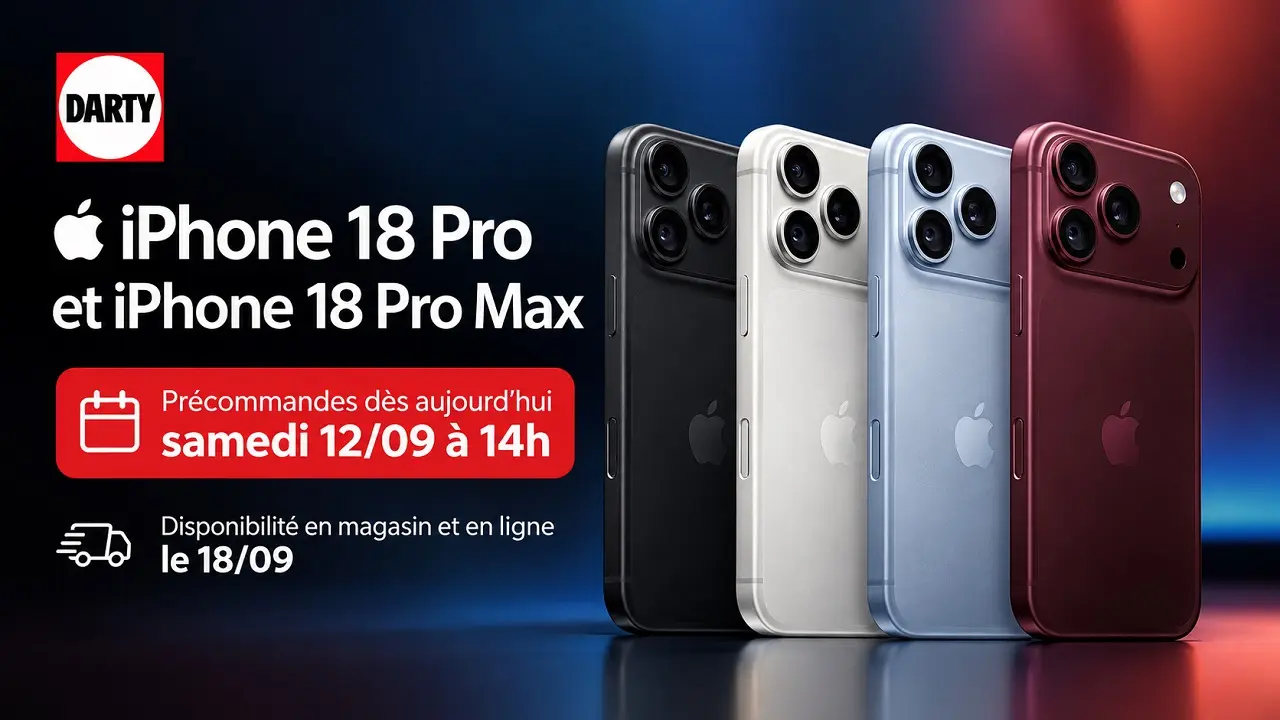 Image promotionnelle des iPhone 18 Pro et iPhone 18 Pro Max en plusieurs coloris, annonçant les précommandes chez Darty le 12 septembre à 14h et leur disponibilité le 18 septembre.