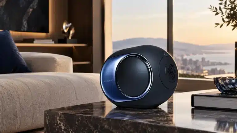 Enceinte Devialet Phantom Ultimate 98 dB Pulse Blue installée dans un intérieur haut de gamme.